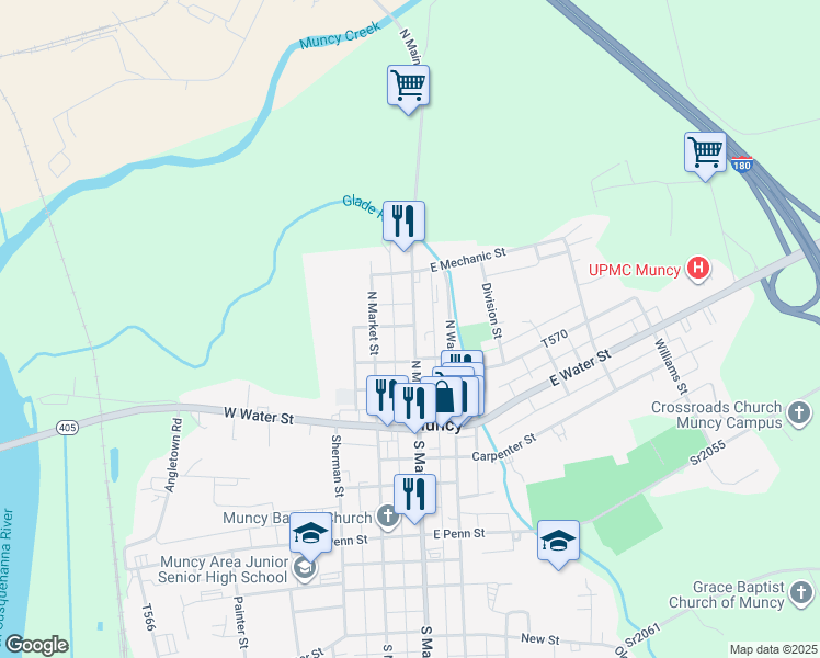 map of restaurants, bars, coffee shops, grocery stores, and more near 110 South Main Street in Muncy