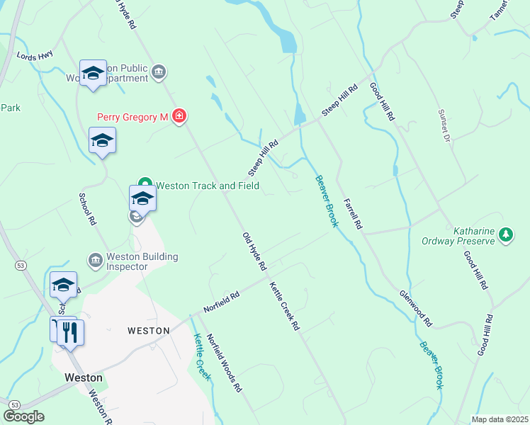 map of restaurants, bars, coffee shops, grocery stores, and more near 2-28 Curiosity Ln in Weston