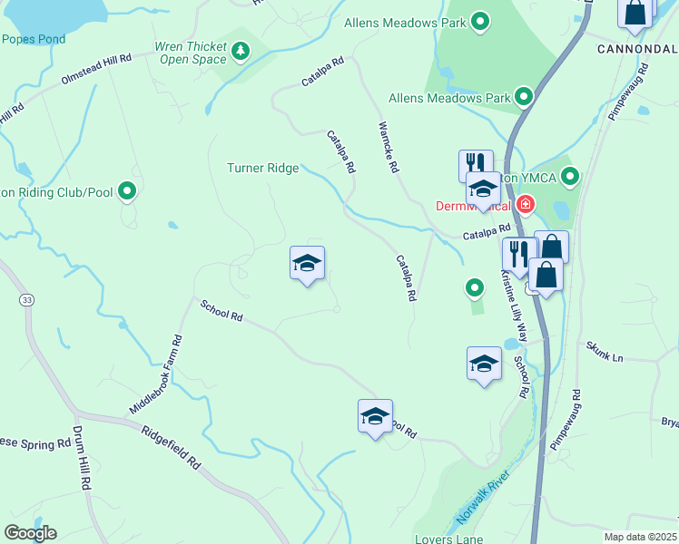 map of restaurants, bars, coffee shops, grocery stores, and more near 40 Hunting Ridge Lane in Wilton