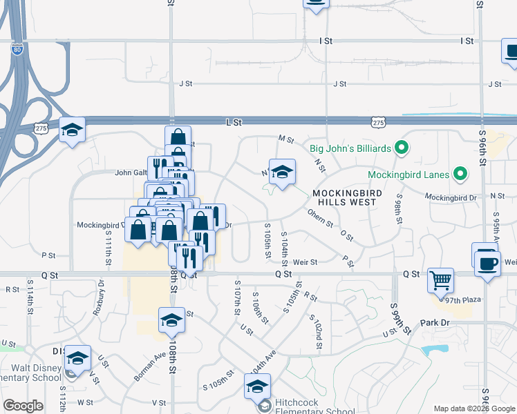 map of restaurants, bars, coffee shops, grocery stores, and more near 10512 Mockingbird Drive in Omaha