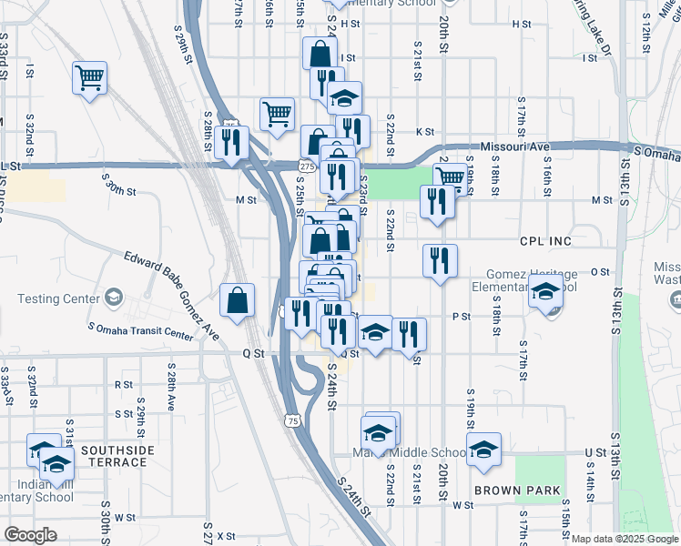 map of restaurants, bars, coffee shops, grocery stores, and more near 4939 South 24th Street in Omaha