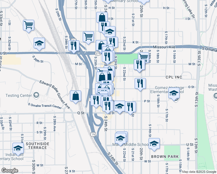 map of restaurants, bars, coffee shops, grocery stores, and more near 4939 South 24th Street in Omaha