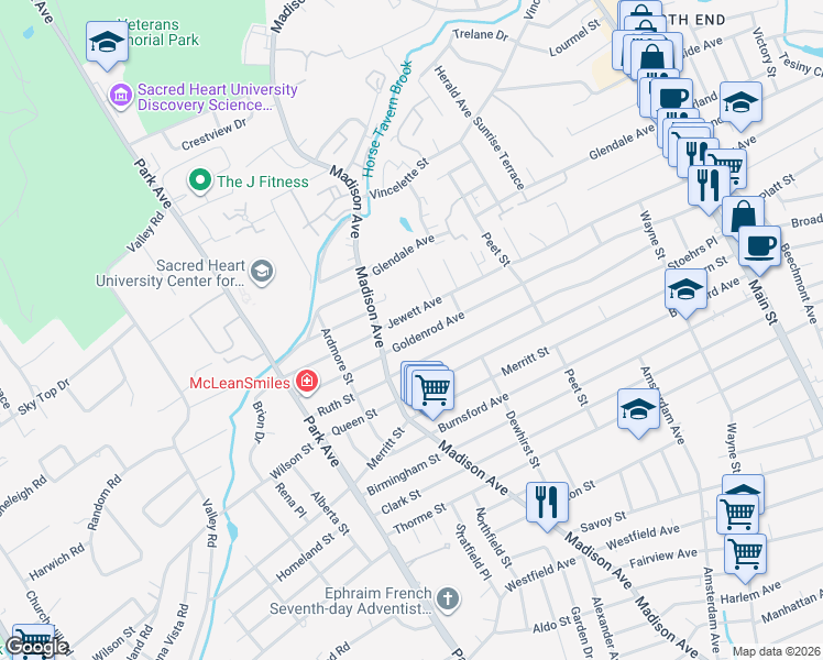 map of restaurants, bars, coffee shops, grocery stores, and more near 721 Goldenrod Avenue in Bridgeport