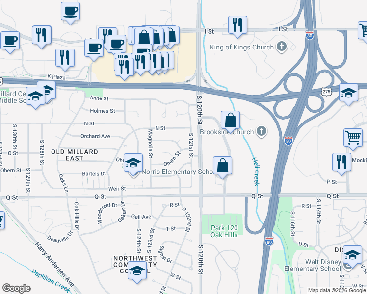 map of restaurants, bars, coffee shops, grocery stores, and more near 12113 Ohern Street in Omaha