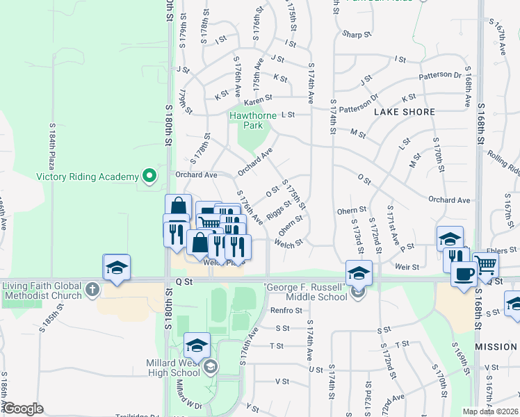 map of restaurants, bars, coffee shops, grocery stores, and more near 17630 Riggs Street in Omaha