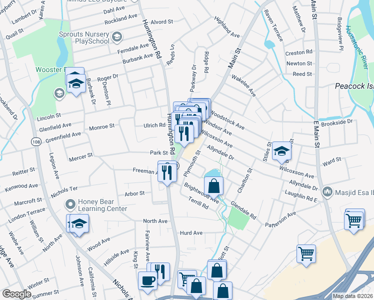 map of restaurants, bars, coffee shops, grocery stores, and more near 3544 Main Street in Stratford