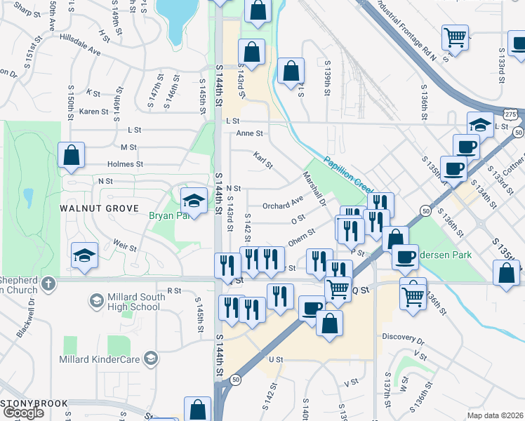 map of restaurants, bars, coffee shops, grocery stores, and more near 14158 O Street in Omaha