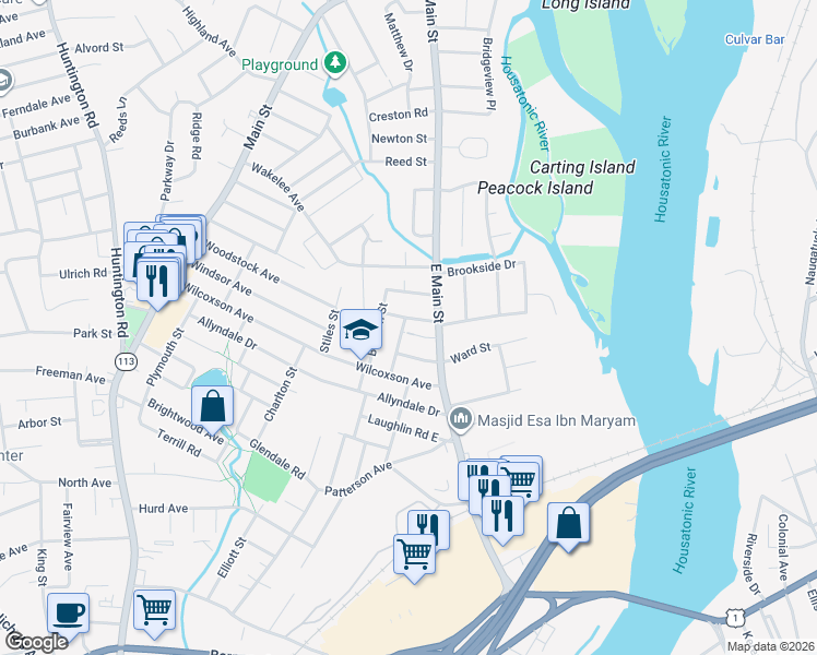 map of restaurants, bars, coffee shops, grocery stores, and more near 74 Horace Street in Stratford