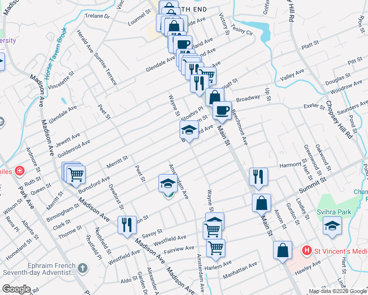 map of restaurants, bars, coffee shops, grocery stores, and more near in Bridgeport