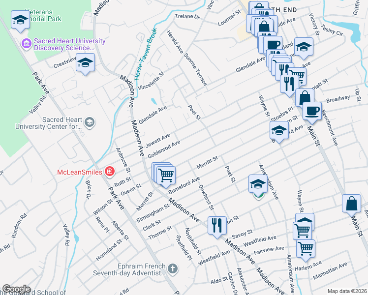 map of restaurants, bars, coffee shops, grocery stores, and more near 486 Ruth Street in Bridgeport