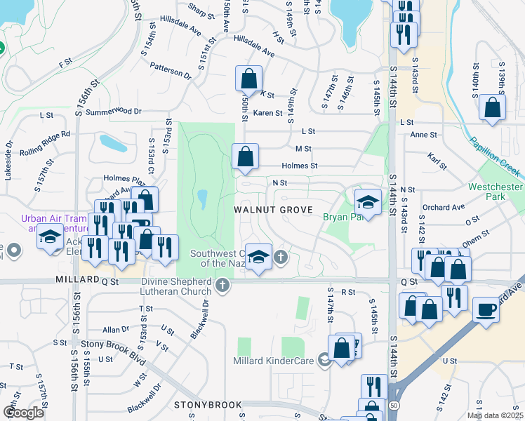 map of restaurants, bars, coffee shops, grocery stores, and more near 5001 South 149th Court in Omaha