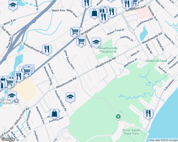 map of restaurants, bars, coffee shops, grocery stores, and more near 12 Great Meadow Road in Milford