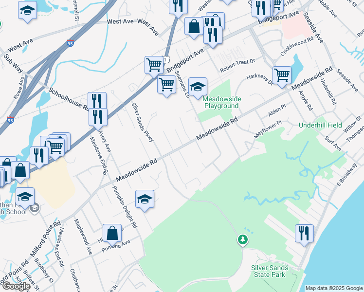 map of restaurants, bars, coffee shops, grocery stores, and more near 12 Great Meadow Road in Milford