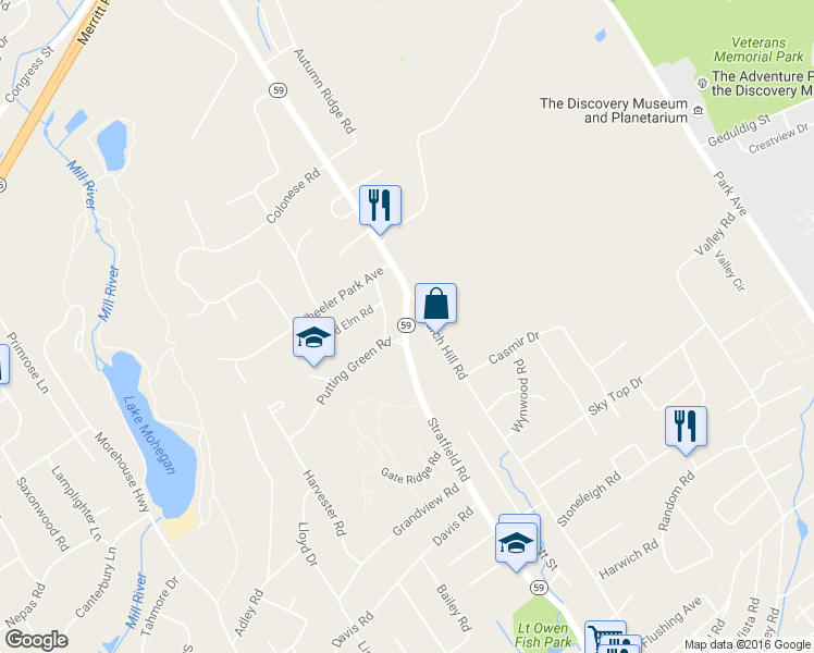 map of restaurants, bars, coffee shops, grocery stores, and more near 2132 Stratfield Road in Fairfield