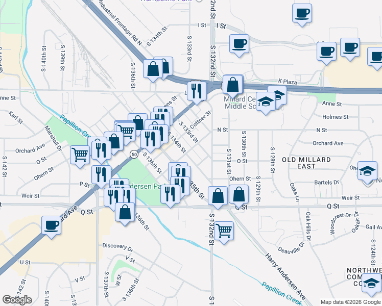 map of restaurants, bars, coffee shops, grocery stores, and more near 5006 North 134th Avenue in Omaha