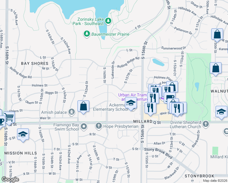map of restaurants, bars, coffee shops, grocery stores, and more near 15729 O Circle in Omaha