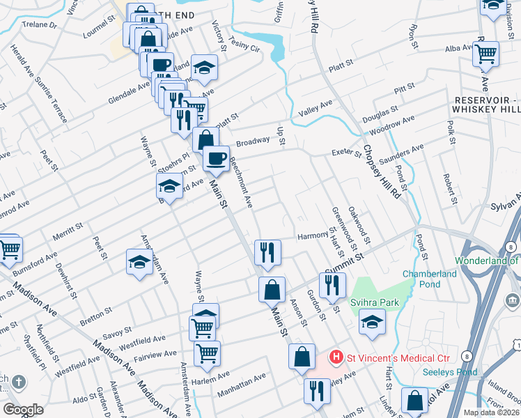 map of restaurants, bars, coffee shops, grocery stores, and more near 184 Beechmont Avenue in Bridgeport