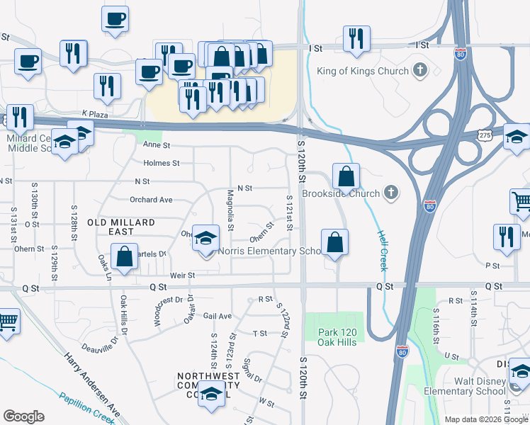map of restaurants, bars, coffee shops, grocery stores, and more near 12217 Kuehl Circle in Omaha