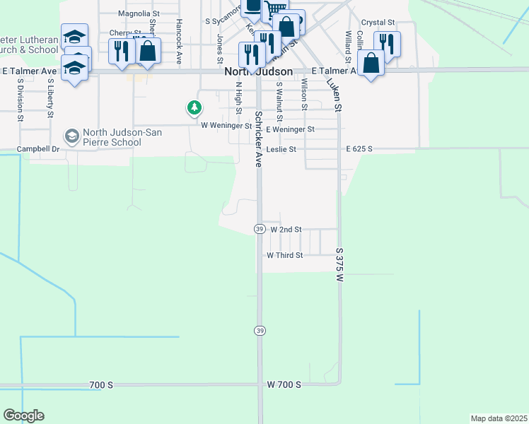 map of restaurants, bars, coffee shops, grocery stores, and more near 1st Street in North Judson