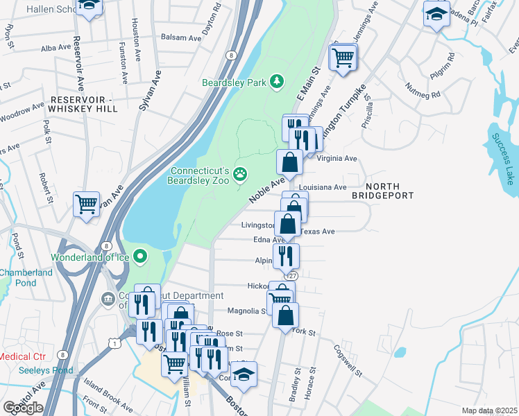 map of restaurants, bars, coffee shops, grocery stores, and more near 57 Beardsley Park Terrace in Bridgeport