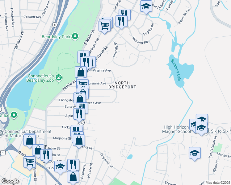 map of restaurants, bars, coffee shops, grocery stores, and more near 255 Texas Avenue in Bridgeport