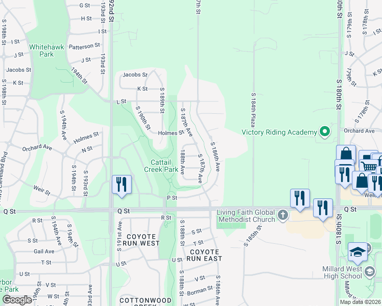 map of restaurants, bars, coffee shops, grocery stores, and more near 18762 O Street in Omaha