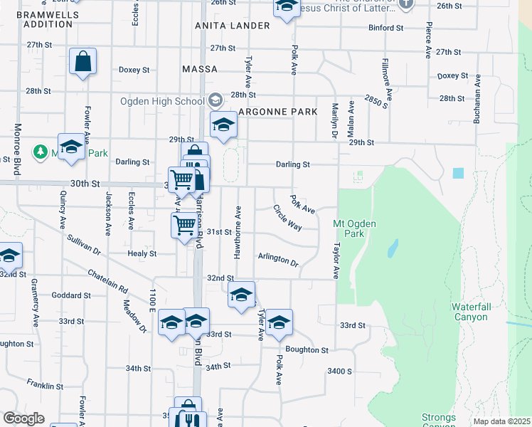 map of restaurants, bars, coffee shops, grocery stores, and more near 1315 East Walcott Street in Ogden