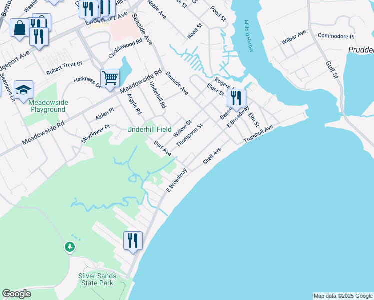 map of restaurants, bars, coffee shops, grocery stores, and more near 107 Mariners Walk in Milford