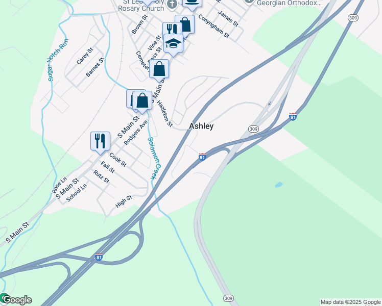 map of restaurants, bars, coffee shops, grocery stores, and more near Wilkes Barre Township Blvd in Ashley