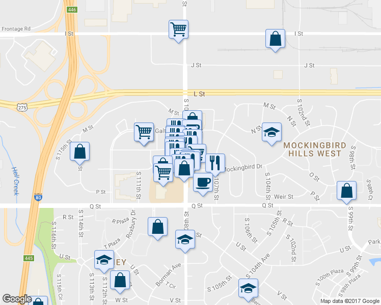 map of restaurants, bars, coffee shops, grocery stores, and more near 5023 S 108th St in Omaha