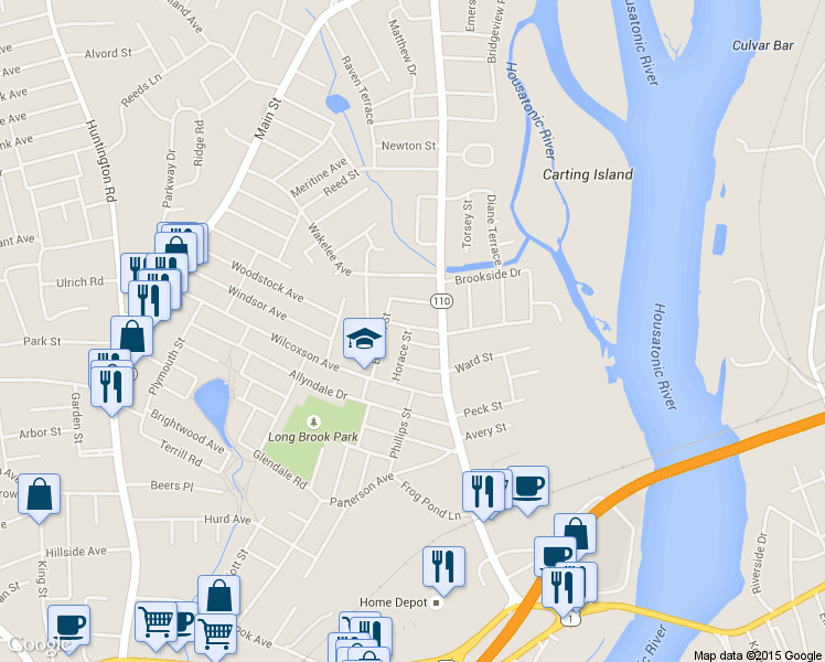 map of restaurants, bars, coffee shops, grocery stores, and more near 116 Horace Street in Stratford