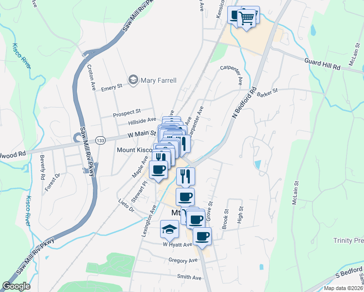 map of restaurants, bars, coffee shops, grocery stores, and more near 5 South Moger Avenue in Mount Kisco