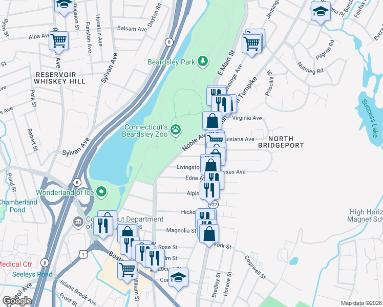 map of restaurants, bars, coffee shops, grocery stores, and more near 123 Livingston Place in Bridgeport