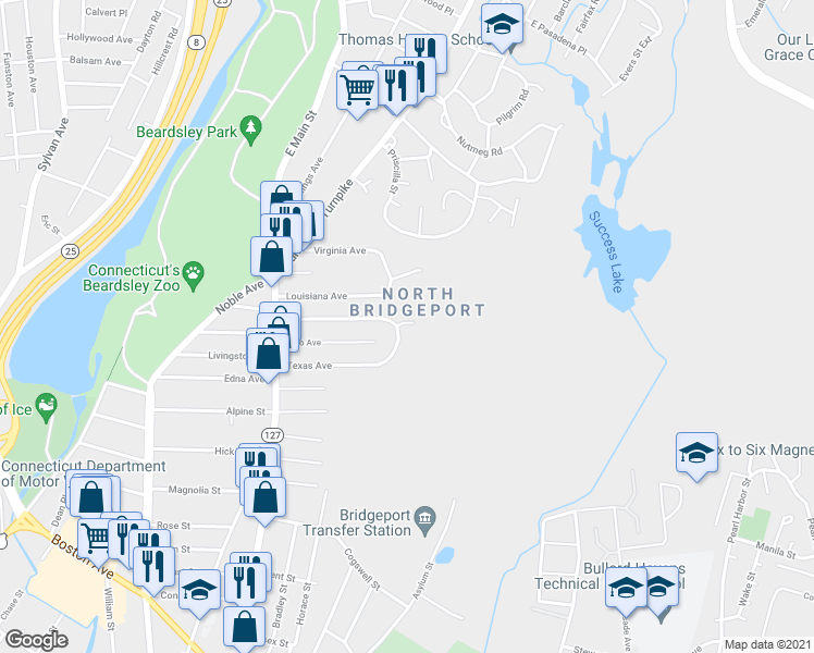 map of restaurants, bars, coffee shops, grocery stores, and more near 294 Texas Avenue in Bridgeport