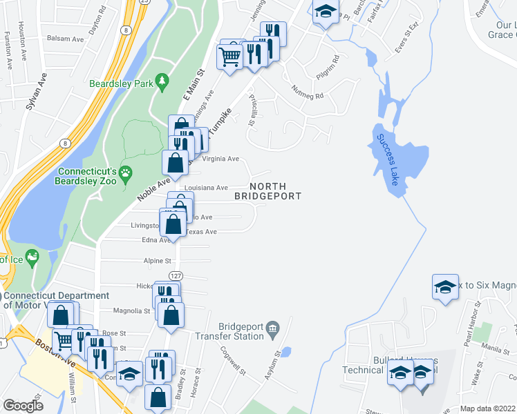 map of restaurants, bars, coffee shops, grocery stores, and more near 255 Texas Avenue in Bridgeport