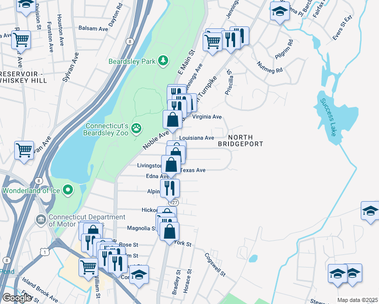 map of restaurants, bars, coffee shops, grocery stores, and more near 70 Ohio Avenue in Bridgeport