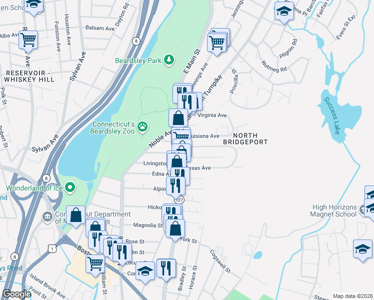 map of restaurants, bars, coffee shops, grocery stores, and more near in Bridgeport