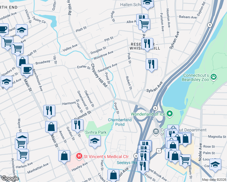 map of restaurants, bars, coffee shops, grocery stores, and more near 427 Chopsey Hill Road in Bridgeport