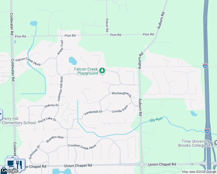 map of restaurants, bars, coffee shops, grocery stores, and more near 1909 Worthington Drive in Fort Wayne