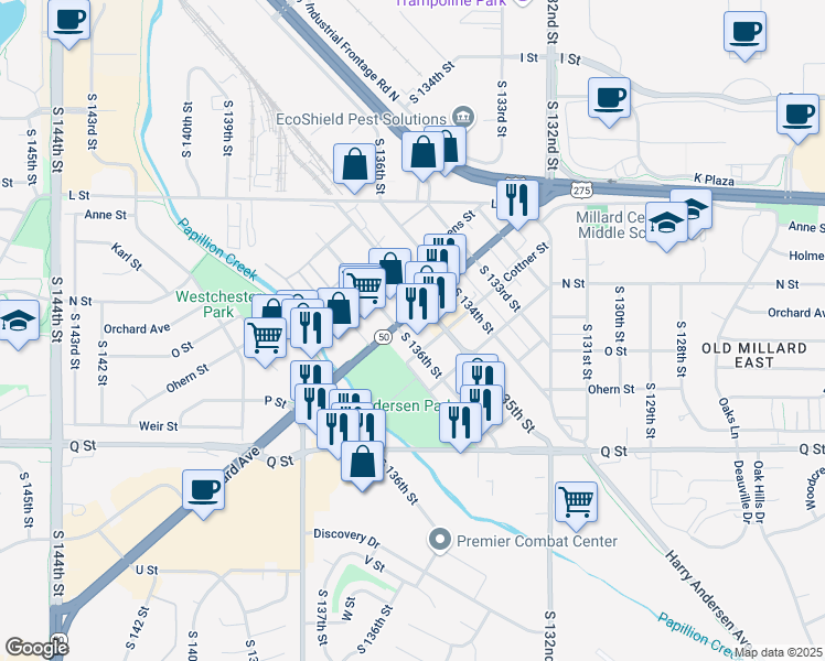 map of restaurants, bars, coffee shops, grocery stores, and more near 13519 Cottner Street in Omaha