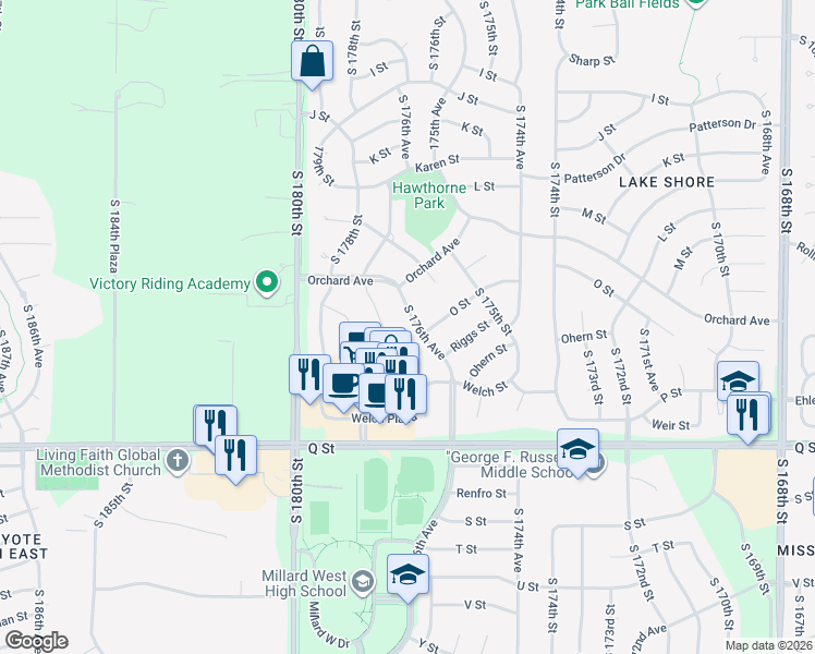 map of restaurants, bars, coffee shops, grocery stores, and more near 5008 South 176th Avenue in Omaha