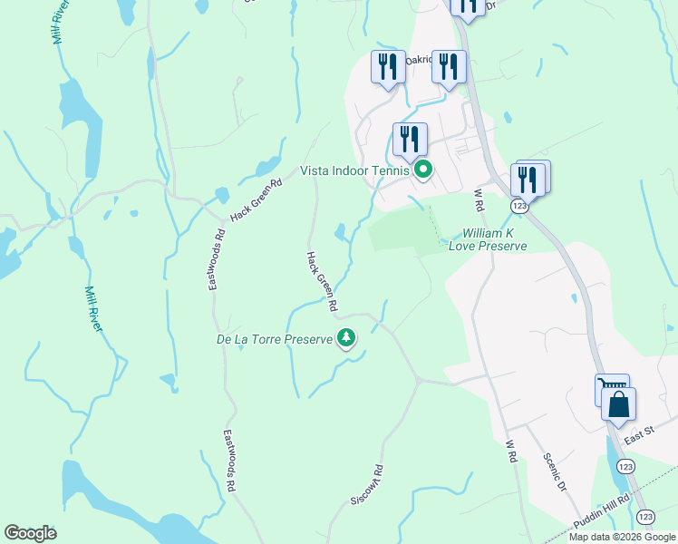 map of restaurants, bars, coffee shops, grocery stores, and more near 53 Hack Green Road in Pound Ridge
