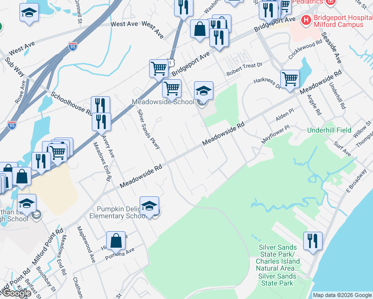 map of restaurants, bars, coffee shops, grocery stores, and more near 335 Meadowside Road in Milford