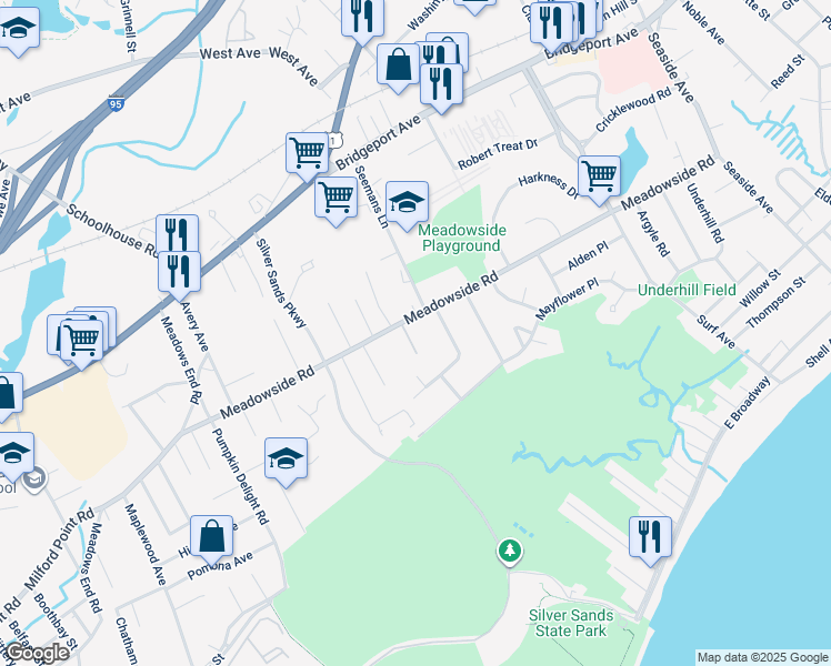 map of restaurants, bars, coffee shops, grocery stores, and more near 300 Meadowside Road in Milford