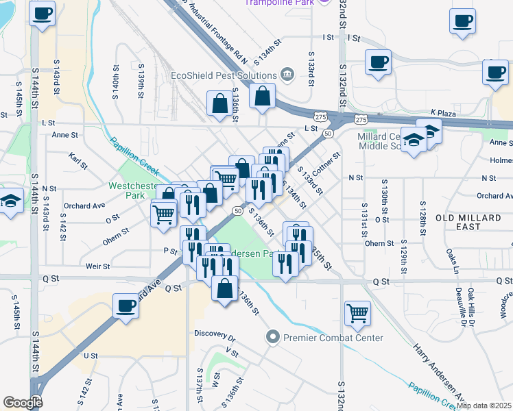 map of restaurants, bars, coffee shops, grocery stores, and more near 13519 Cottner Street in Omaha