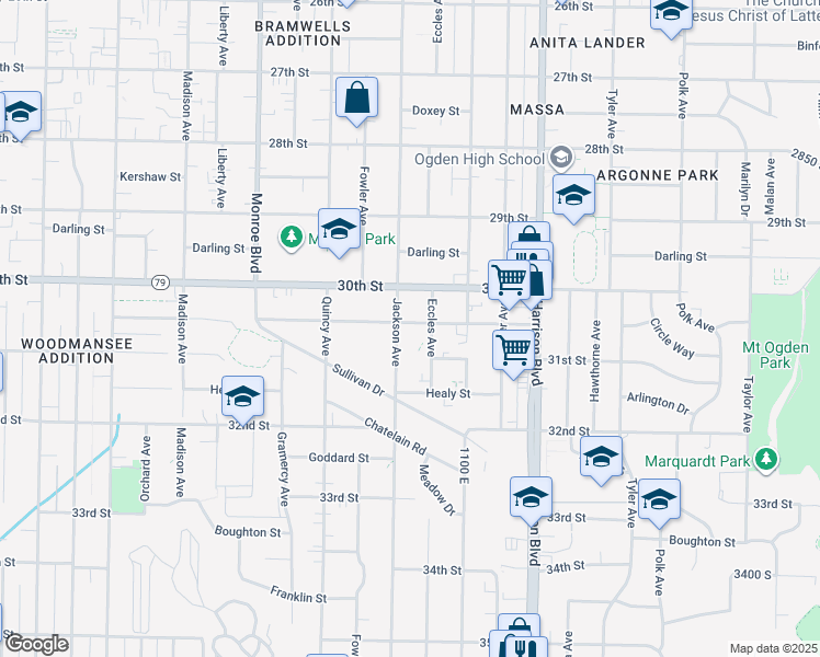 map of restaurants, bars, coffee shops, grocery stores, and more near 1015 Patterson Street in Ogden