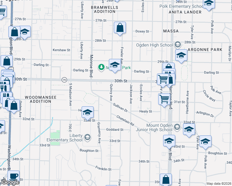 map of restaurants, bars, coffee shops, grocery stores, and more near 915 Patterson Street in Ogden