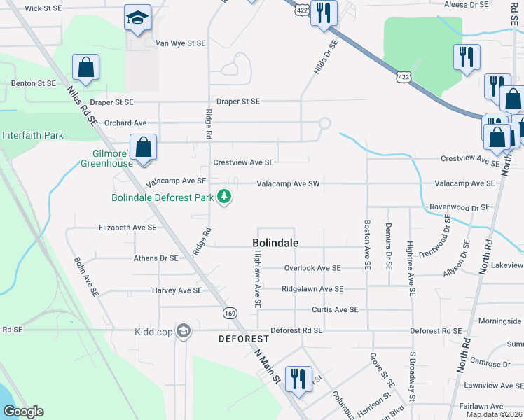 map of restaurants, bars, coffee shops, grocery stores, and more near 3194 Valacamp Avenue Southeast in Warren