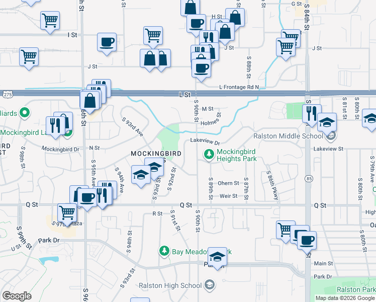 map of restaurants, bars, coffee shops, grocery stores, and more near 4906 South 91st Street in Omaha