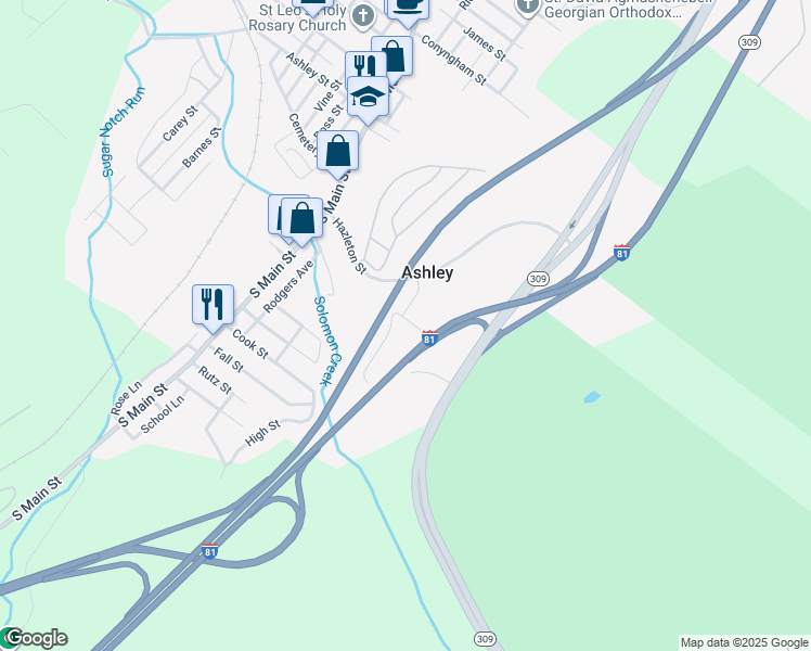 map of restaurants, bars, coffee shops, grocery stores, and more near 13 Hill Street in Ashley